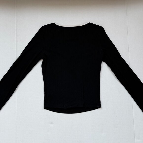 Black Long Sleeve Contrast Trim Bow Top – Balletcore Square Neck - Picture 2 of 4
